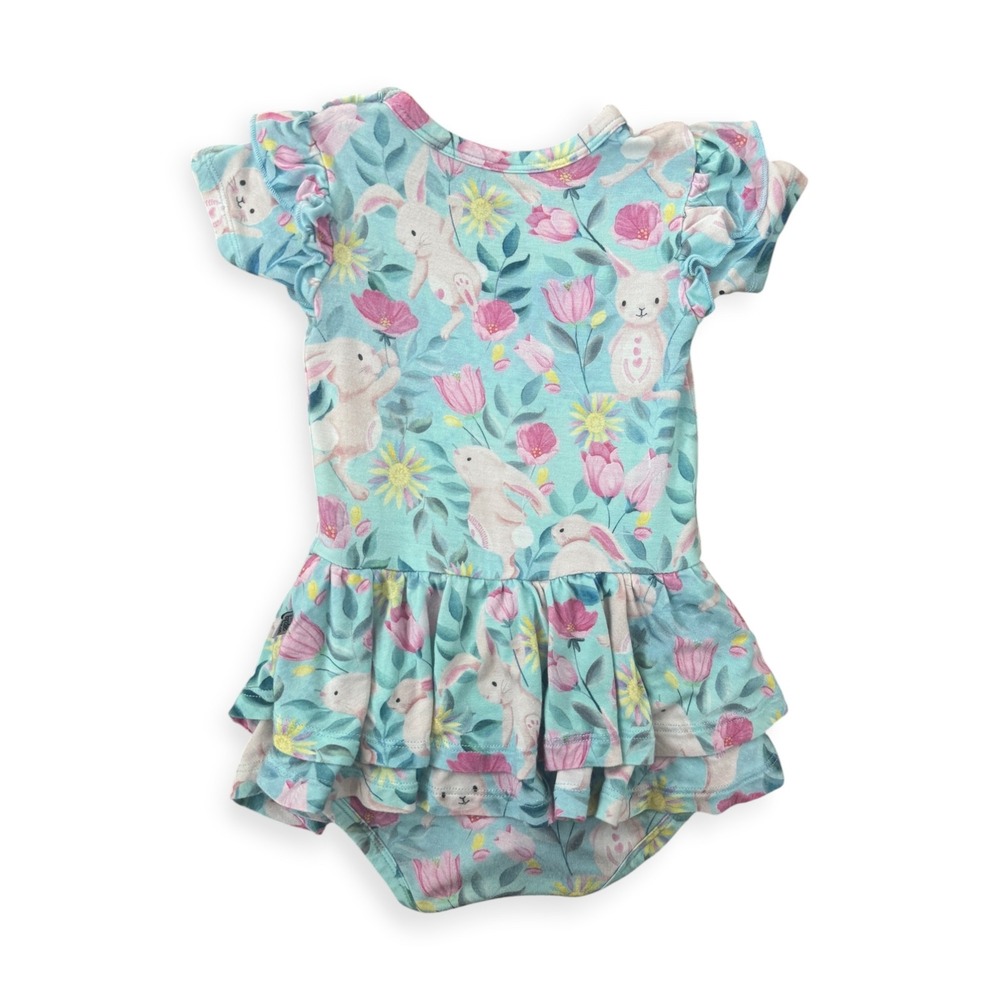 Birdie Bean Teal Bunny Floral Bamboo Ruffle Dress 6-12 Months - Picture 2 of 5